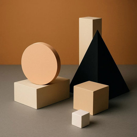 3d render, geometric shapes, podiums on a brown background