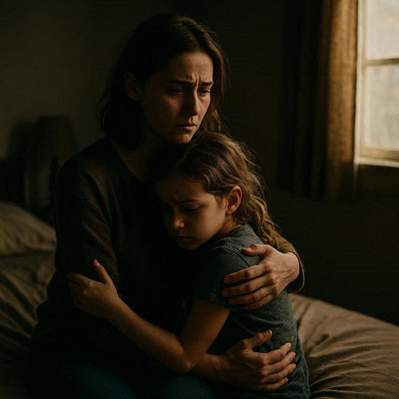 Mother comforting her sad daughter in the bedroom at home. Family concept.