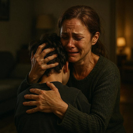 Portrait of an elderly woman hugging her adult son in the dark