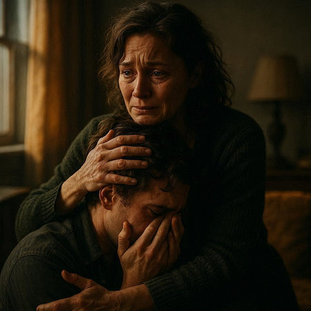 Portrait of an elderly woman comforting her sad husband at home.