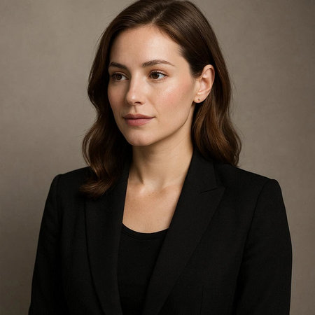 Portrait of a young businesswoman in a black suit on a gray background