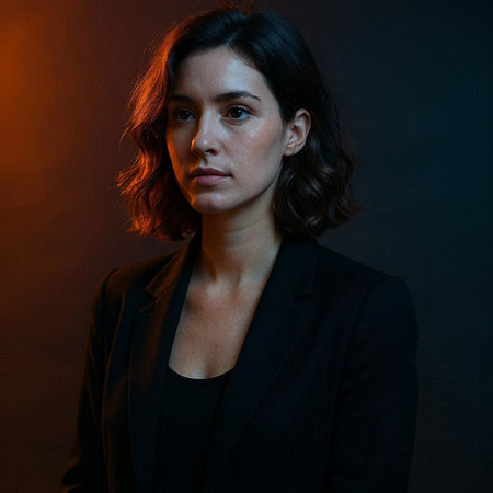 Portrait of a young beautiful brunette woman in a black suit on a dark background