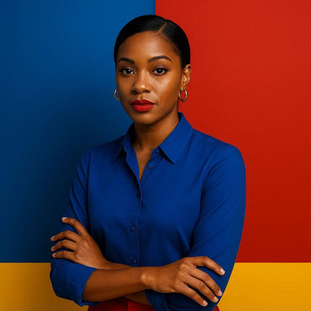 Fashionable african american woman in blue shirt on colorful background