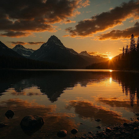 Sunset over the lake in Jasper National Park, Alberta, Canada