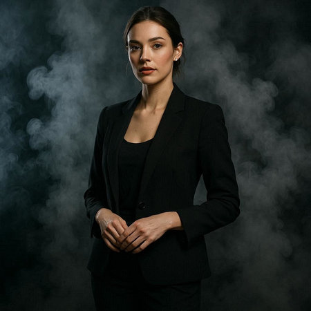 Portrait of a beautiful business woman in a black suit on a dark background.