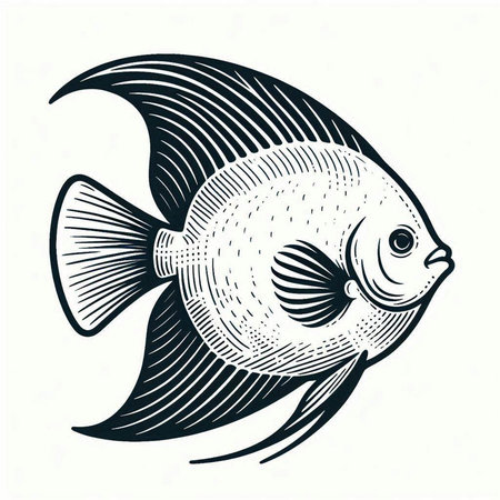 Black and white vector illustration of a fish on a white background.