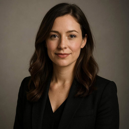 Portrait of a business woman in black suit on a gray background