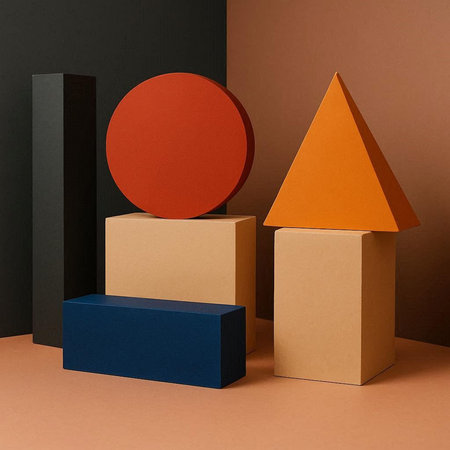 Colorful geometric shapes made of cardboard and paper on a brown background