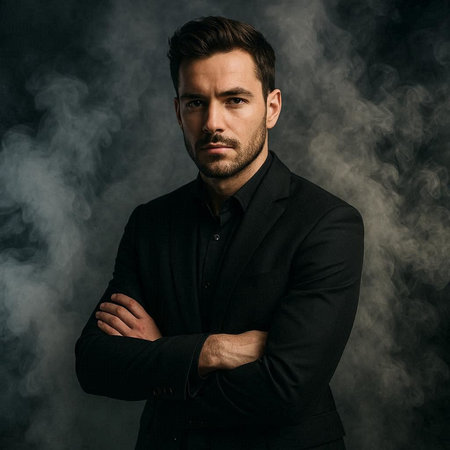 Handsome serious man in black suit standing with crossed arms and looking at camera on dark...