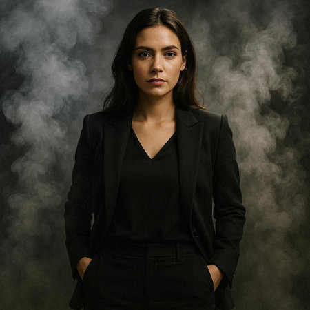 Portrait of a beautiful business woman in a black suit on a black background