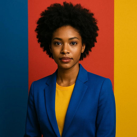 Portrait of a beautiful young african american woman with afro hairstyle, wearing a blue jacket and...
