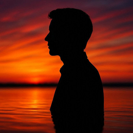Silhouette of a man on a background of a beautiful sunset