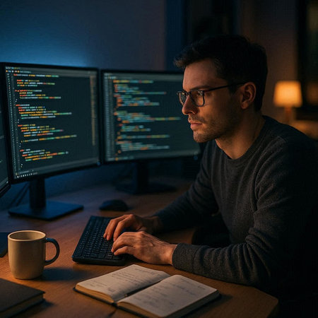 Serious programmer working on computer late at night in dark office. Man in eyeglasses sitting at...