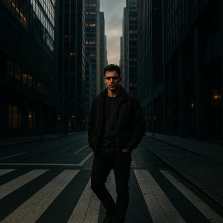 Handsome young man in the city at sunset. Men's beauty, fashion.