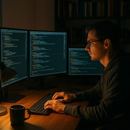 Hacker working late at night in a dark room with computer monitors