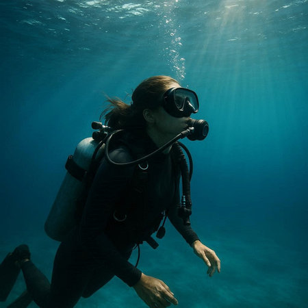 Young woman scuba diver looking at deep blue sea, underwater photo