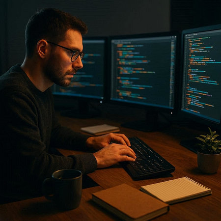 Serious programmer working on computer in dark office late at night.
