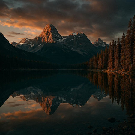 Mountain lake with reflection in the water, Canadian Rockies, Alberta, Canada
