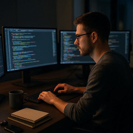 Side view of young man in eyeglasses working on computer at night