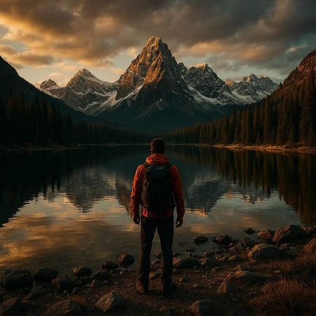 Hike in the Canadian Rockies. A man with a backpack stands on the shore of a mountain lake.