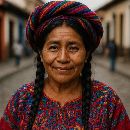 Portrait of an old woman with braids on the street.
