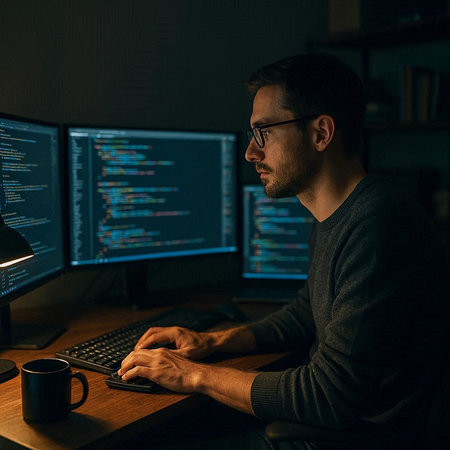 Side view of concentrated programmer in eyeglasses working on computer at night