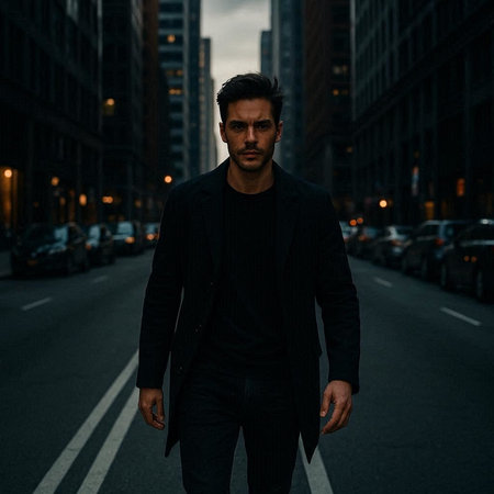 Portrait of a handsome young man in a black suit walking on the street at night