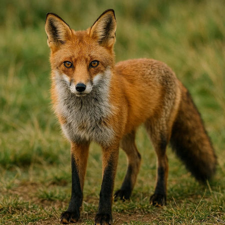 Red fox (Vulpes vulpes) standing in grass.