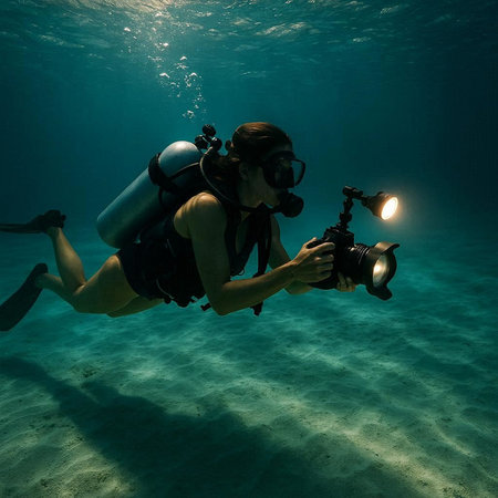 Scuba diver with a camera on the seabed, underwater