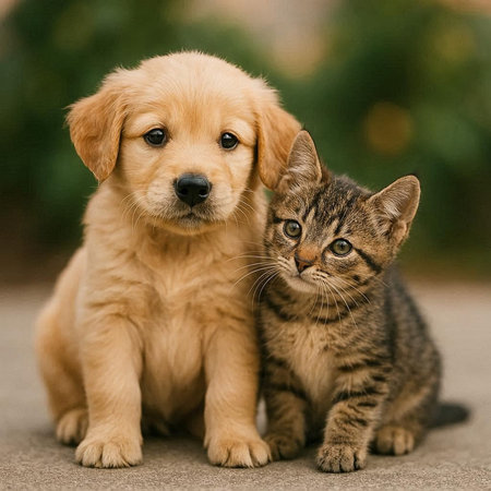 Labrador Retriever puppy with tabby kitten sitting together.