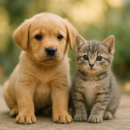 Labrador Retriever puppy and tabby kitten sitting together.