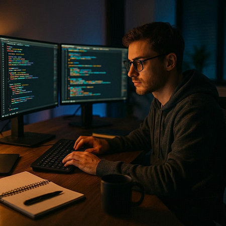 Handsome programmer in eyeglasses working on computer at night