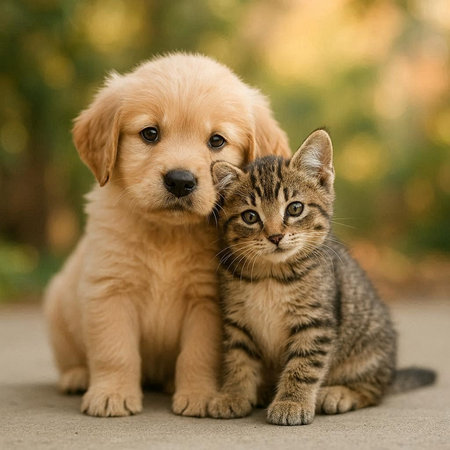 Golden Retriever puppy and tabby kitten sitting together on the ground.