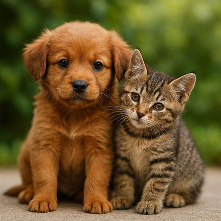 Puppy and tabby kitten sitting together on the street.