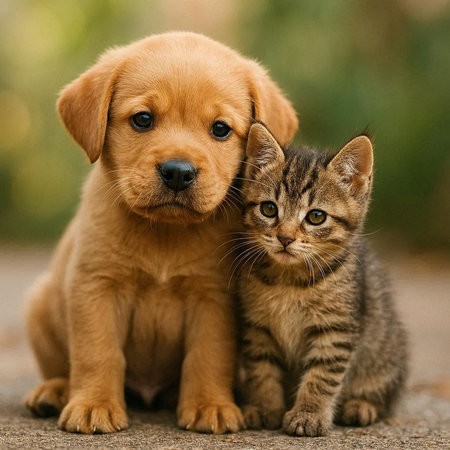 Labrador Retriever puppy and tabby kitten sitting together.の写真素材