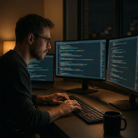 Side view of male programmer working on desktop computer at night in dark office