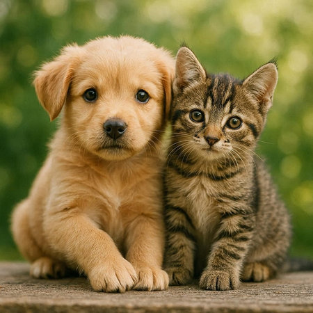 Golden retriever puppy and tabby kitten sitting together on wooden background