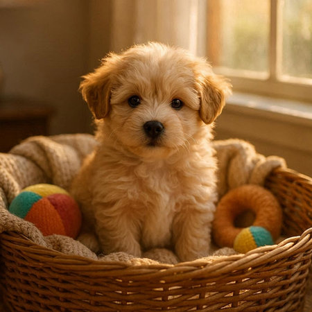 Cute Golden Retriever Puppy in a Basket.