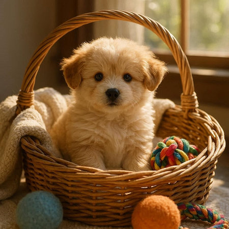 Cute puppy in a wicker basket with balls of yarn.