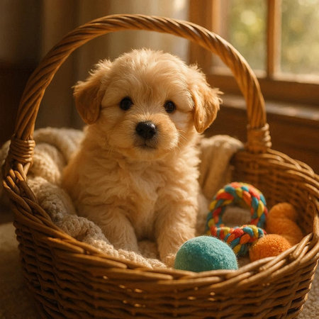 Cute Golden Retriever puppy in a basket with toys.