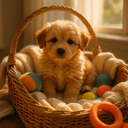 Cute Golden Retriever puppy sitting in a wicker basket with colorful balls.
