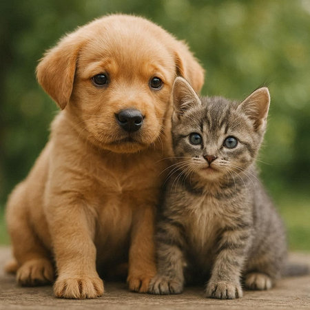 Labrador Retriever puppy and tabby kitten sitting together.