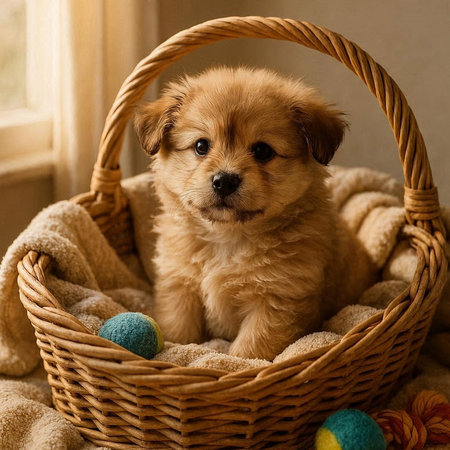 Cute little Pomeranian puppy in a wicker basket.