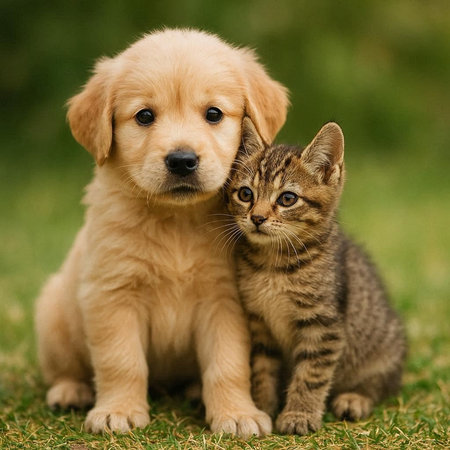 Golden Retriever puppy and tabby kitten sitting together on grass