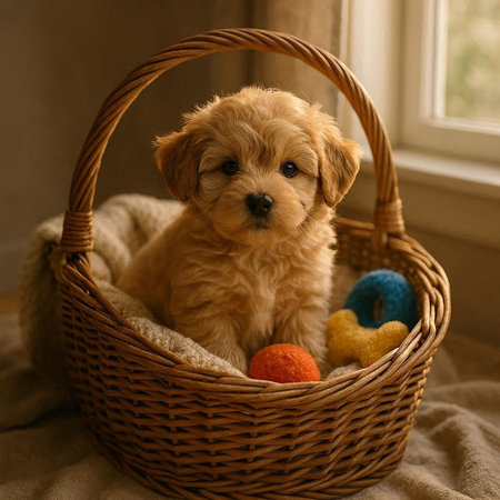 Cute Golden Retriever puppy in a wicker basket.