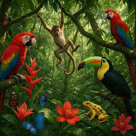 Tropical birds on a branch in the jungle. 3d rendering