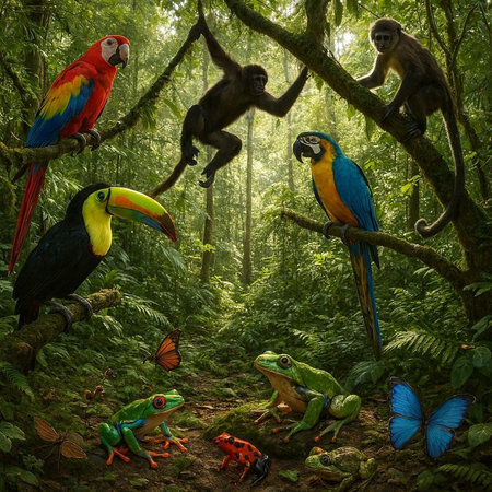 Tropical rainforest with parrots and frogs. Nature background.