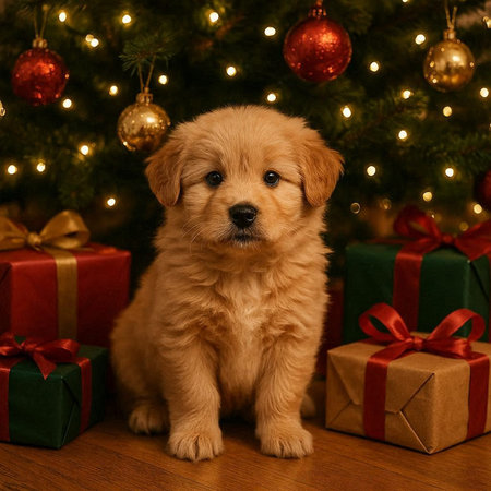 Cute Golden Retriever puppy and Christmas gifts under the tree