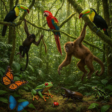 Tropical rainforest with birds and animals, 3d render