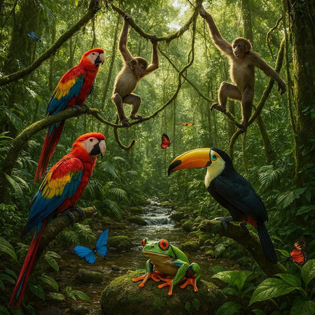 Colorful parrots in the jungle, 3d rendering. Computer digital drawing.